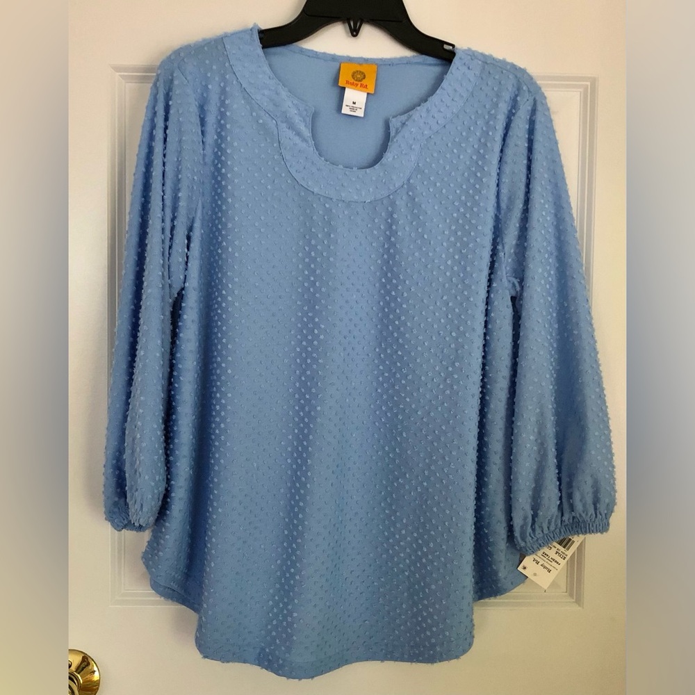 Ruby Rd.  Horseshoe Neck Blue Swiss Dot 3/4 Lantern Sleeve Size Medium Fresh Tak - Picture 2 of 9